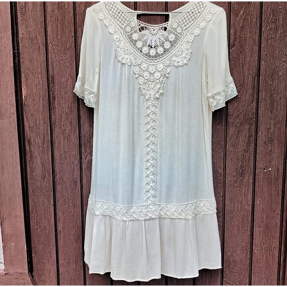 CHELSEA & VIOLET | Cream Lace Crochet Drop Waist Boho Mini Sun Dress Romantic S